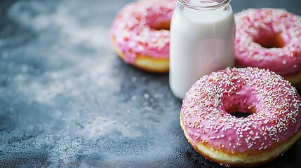 Poster - Donuts with bottle of milk on marble table Grey background Close up : Generative AI