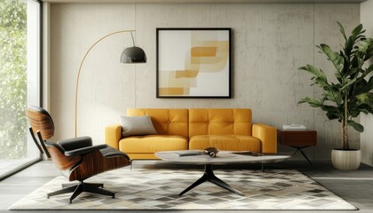 Wall Mural - 1960s minimalist living room: mustard sofa, geometric rug, Eames chair, arc lamp 3 Generative AI