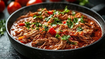 Poster - Beef shredded meat with sauce in black pan Grey background Close up Top view : Generative AI