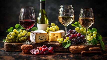 Poster - Assortment of cheese grapes with red and white wine in glasses Stone and wood background Close up Copy space : Generative AI