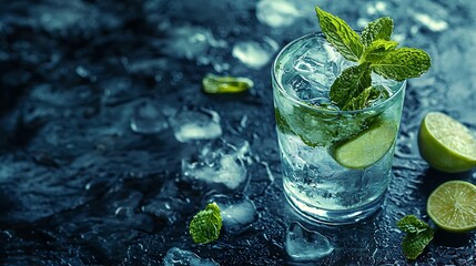 Aufkleber - Mojito cocktail with fresh mint and limes in highball glass on a grey stone background Close up : Generative AI