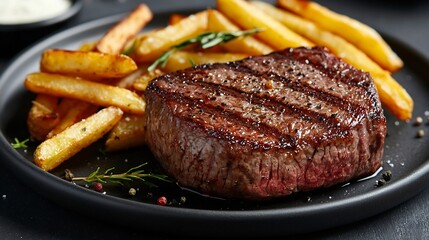 Poster - Beef Steak medium rare with French fries on a black plate Grey background Close up Copy space : Generative AI