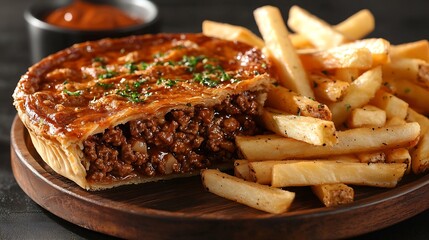 Poster - Meat pie with french fries on a plate Wooden background Close up : Generative AI