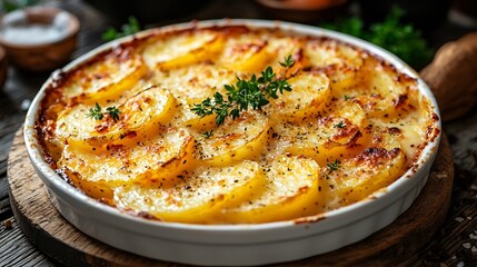 Poster - Potato gratin backed potato slices with creamy sauce Top view : Generative AI
