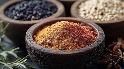 Poster - Spices for Indian masala chai Grey background Close up Top view : Generative AI