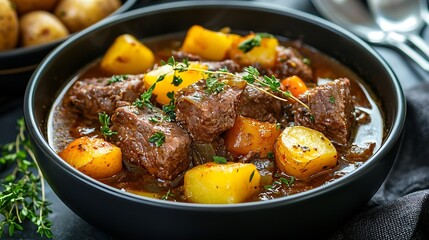 Aufkleber - Beef meat and vegetables stew in black bowl with roasted potatoes Dark background : Generative AI