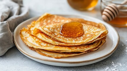 Poster - Crepes thin pancakes with honey on a white plate Close up : Generative AI