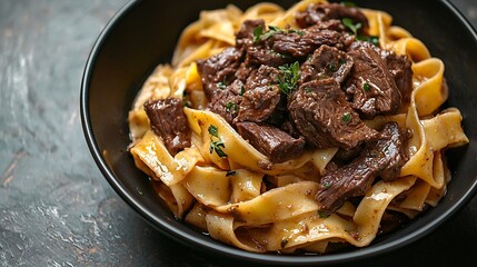 Poster - Pasta pappardelle with beef ragout sauce in black bowl Grey background Copy space Top view : Generative AI