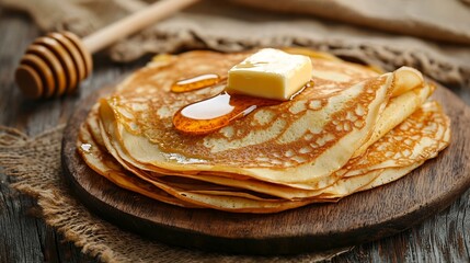 Poster - Thin crepes or pancakes with butter honey and sour cream on a rustic textile background : Generative AI