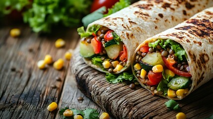 Poster - Vegan tortilla wrap roll with grilled vegetables and lentil and boiled corn cob on a wooden background : Generative AI