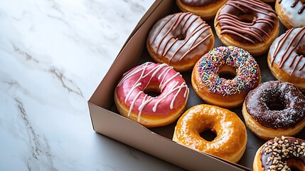 Poster - Assortment of donuts in a box on marble table background Top view : Generative AI