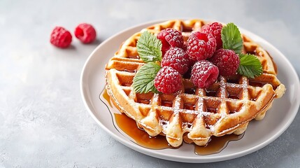 Poster - Belgian waffles with maple syrup and fresh raspberry Grey background Top view : Generative AI