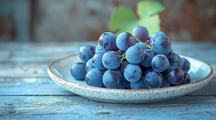 Aufkleber - Grape on a white plate Grey wooden background Close up : Generative AI