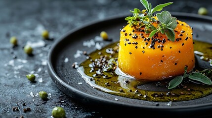 Aufkleber - Roasted pumpkin with honey sauce and herbs on a black plate Slate background Copy space : Generative AI
