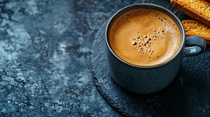 Poster - Coffee espresso in cup with biscotti cookies on black marble background Close up Top view : Generative AI