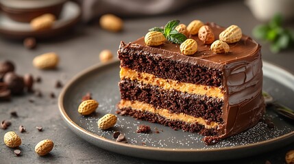 Poster - Chocolate caramel peanut cake snickers on a plate Grey background Copy space : Generative AI