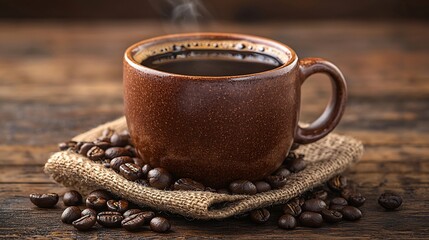 Poster - Black coffee with freshly roasted coffee beans on a wooden background Vietnamese style copy space : Generative AI