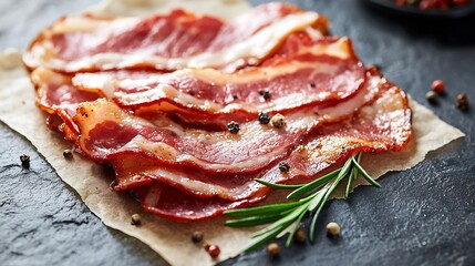 Aufkleber - Raw bacon with rosemary and spices slices on parchment paper Grey slate background Copy space Top view : Generative AI