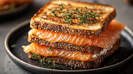 Poster - Sandwich toast with smoked salmon and cream cheese on plate with Norwegian flag Grey background Top view : Generative AI