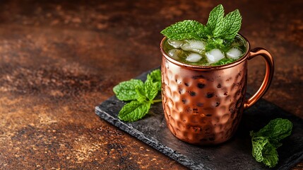 Aufkleber - Moscow mule cocktail in copper mug with fresh mint Grey background Close up : Generative AI