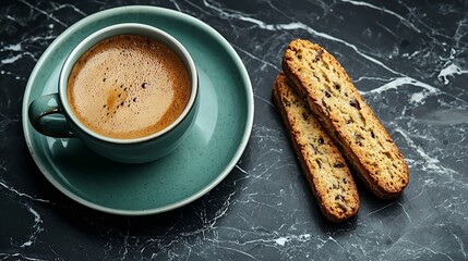 Aufkleber - Coffee espresso in cup with biscotti cookies on black marble background Close up : Generative AI