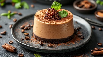 Poster - Coffee and caramel cake mousse dessert on a plate grey stone background Top view Copy space : Generative AI