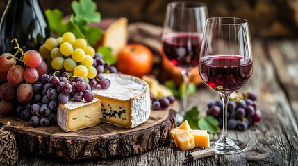 Poster - Assortment of cheese grapes with red wine in glasses Stone and wood background Close up Copy space : Generative AI
