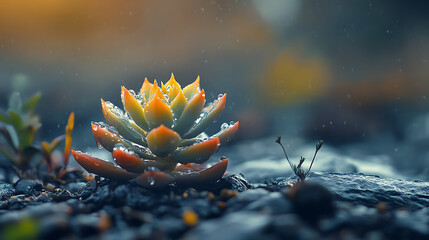 macro photography of a single succulent plant with water droplets resting on its fleshy leaves, high