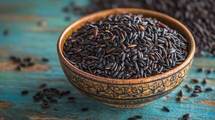 Aufkleber - Black wild rice in a bowl Blue wooden background Close up : Generative AI