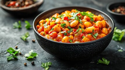 Aufkleber - Bean soup in a black bowl Grey background Close up : Generative AI