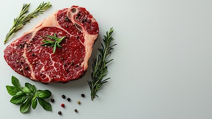 Poster - Fresh raw beef steak isolated on white Top view Copy space : Generative AI
