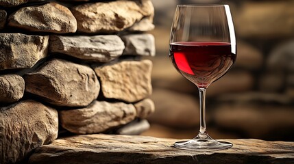 Poster - Glass of red wine on stone wall background Wooden table Close up : Generative AI