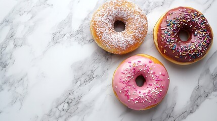 Poster - Coffee with donuts on marble table background Copy space Top view : Generative AI