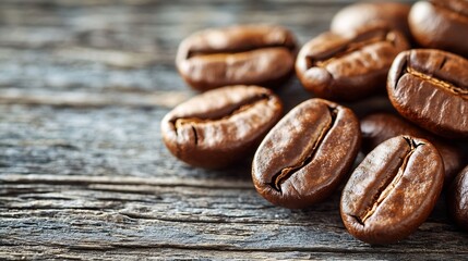 Poster - Freshly roasted coffee beans on a wooden background Copy space : Generative AI