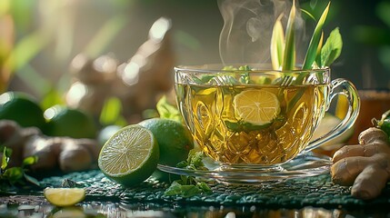 Aufkleber - Herbal green tea with lemongrass and ginger in glass cup with fresh limes on textile background : Generative AI