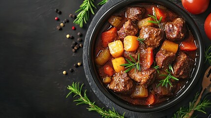 Aufkleber - Beef meat and vegetables stew in black bowl Slate background Top view : Generative AI