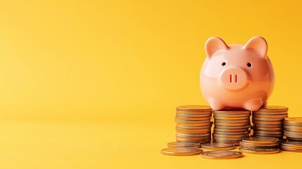 Wall Mural - stack of coins and piggy bank on yellow background 