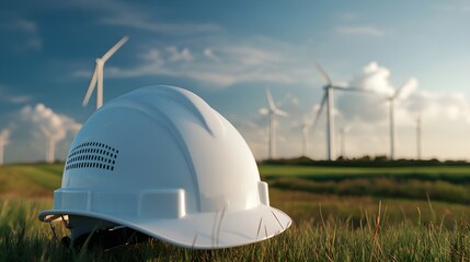 Wall Mural - White Hard Hat in Grass Field with Wind Turbines in Background.