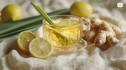 Aufkleber - Herbal green tea with lemongrass and ginger in glass cup with fresh limes on textile background : Generative AI