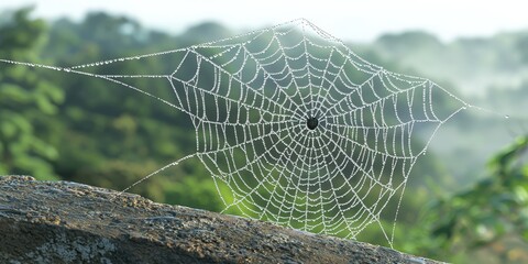 Dew Covered Spider Web in Morning Mist   Nature Photography
