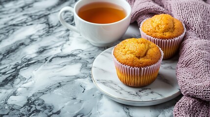 Poster - Peach cupcakes muffins with cup of tea Marble background Copy space Top view : Generative AI