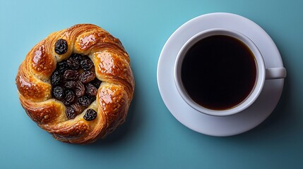Poster - Fresh danish pastry with raisins and cup of black coffee on blue background Close up : Generative AI