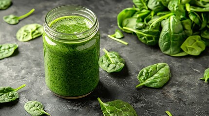 Poster - Spinach smoothie Healthy drink in glass jar on grey stone background : Generative AI