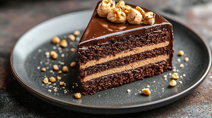 Poster - Chocolate caramel peanut cake snickers on a plate Grey background Copy space : Generative AI