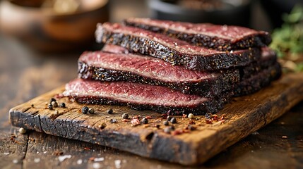 Poster - Roasted beef pastrami on wooden cutting board Close up : Generative AI