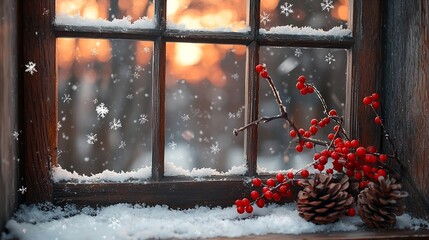 Poster - Wooden frame window with red berries hawthorn snow and cones Christmas Happy New Year background : Generative AI