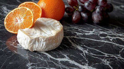 Poster - Cheese with washed orange rind with grape French or German product Marble background Copy space : Generative AI