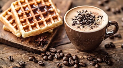 Poster - Fresh waffles with maple syrup and coffee on a wooden background : Generative AI