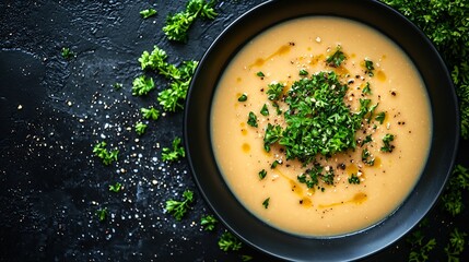 Poster - Bean soup in a black bowl Dark background Close up Top view : Generative AI
