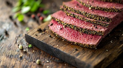 Poster - Roasted beef pastrami on cutting board Wooden background : Generative AI
